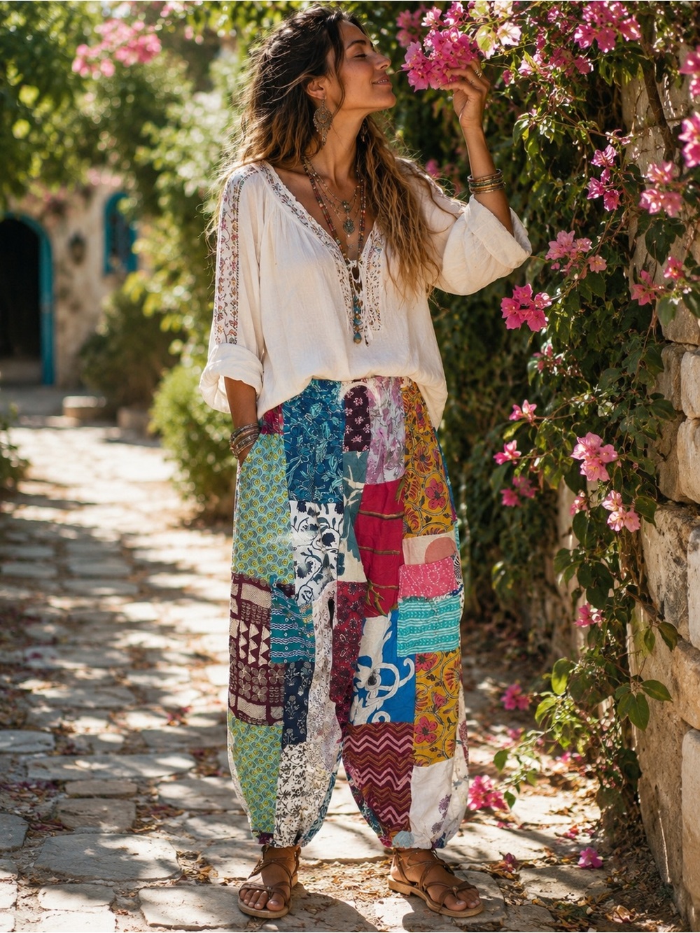 Vibrant Boho Patchwork Jogger Pants in Multi